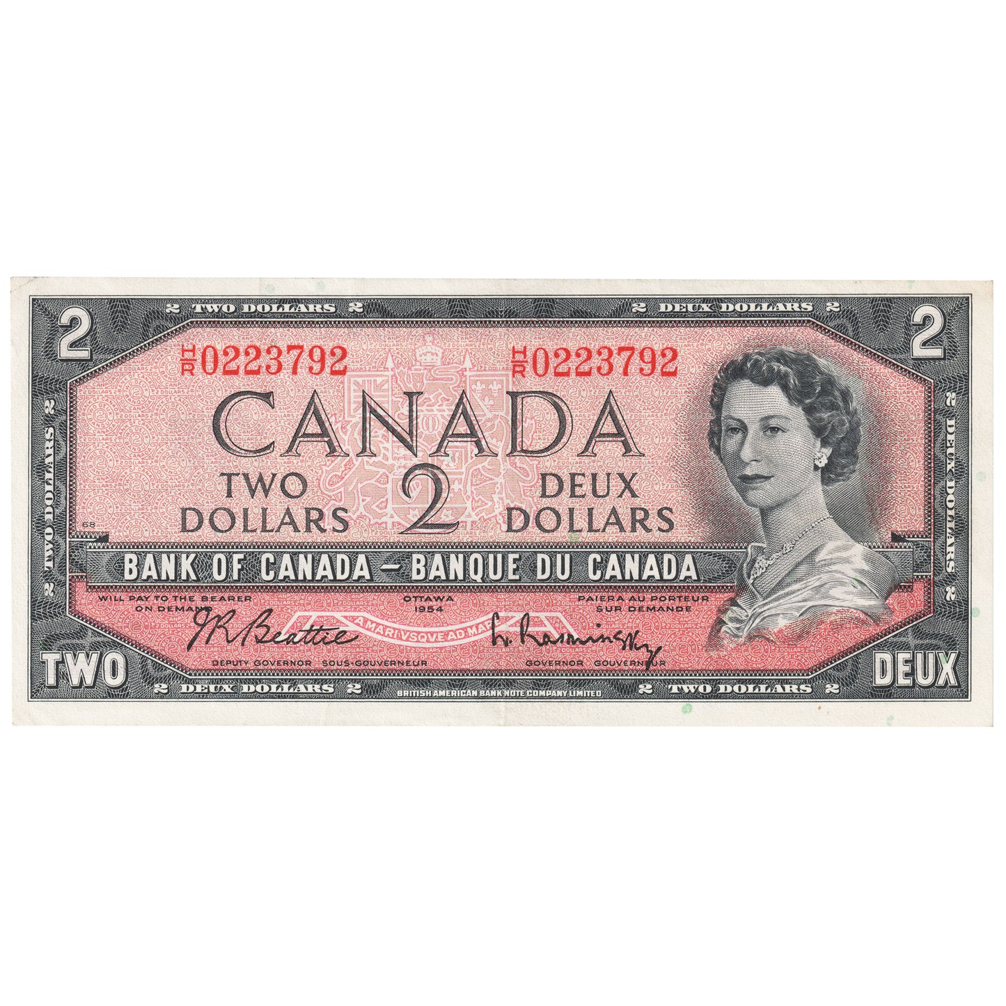 BC-38b 1954 Canada $2 Beattie-Rasminsky, H/R, VF-EF (VF30)