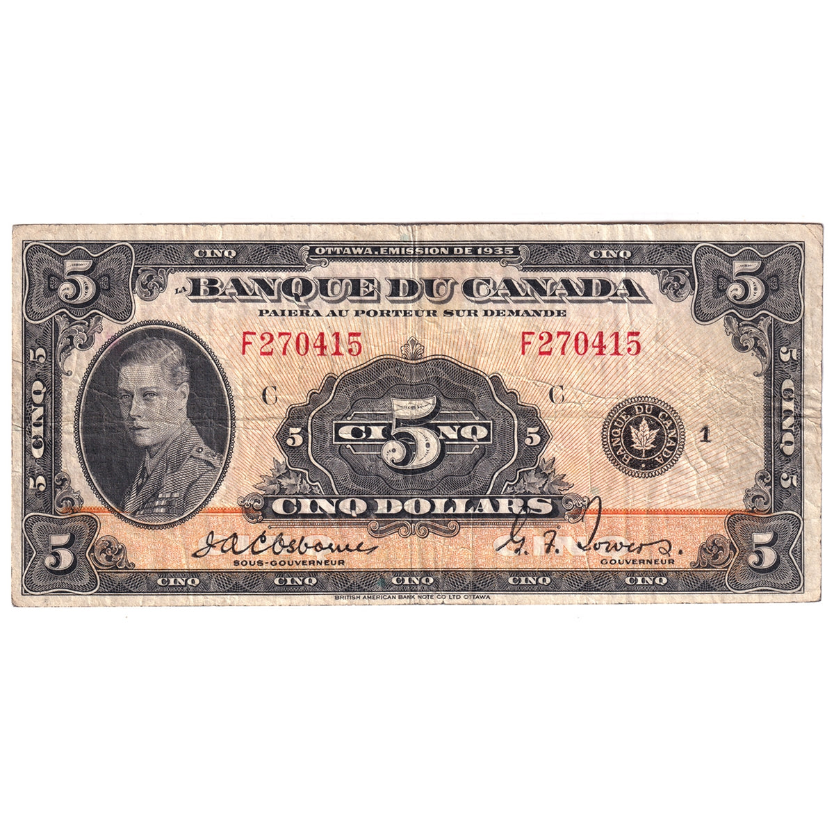 BC-6 1935 Canada $5 Osborne-Towers, French, F-VF