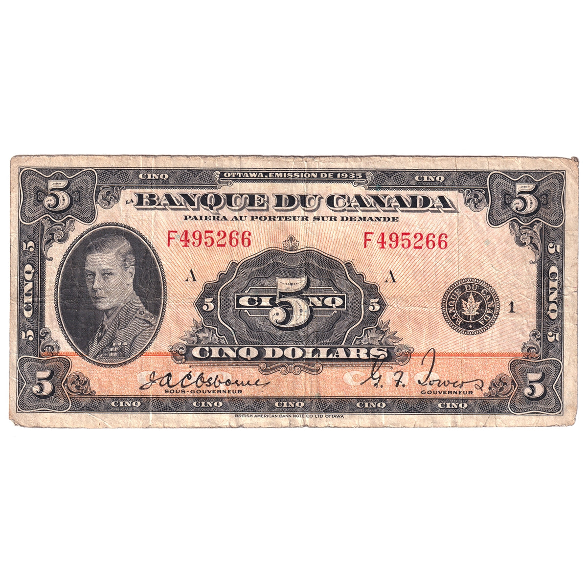 BC-6 1935 Canada $5 Osborne-Towers, French, Fine (F12)
