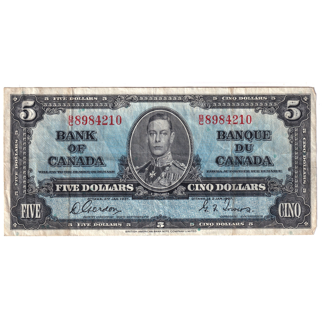 BC-23b 1937 Canada $5 Gordon-Towers, B/C, Very Fine (VF20)