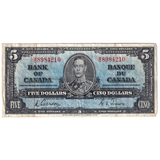 BC-23b 1937 Canada $5 Gordon-Towers, B/C, Very Fine (VF20)