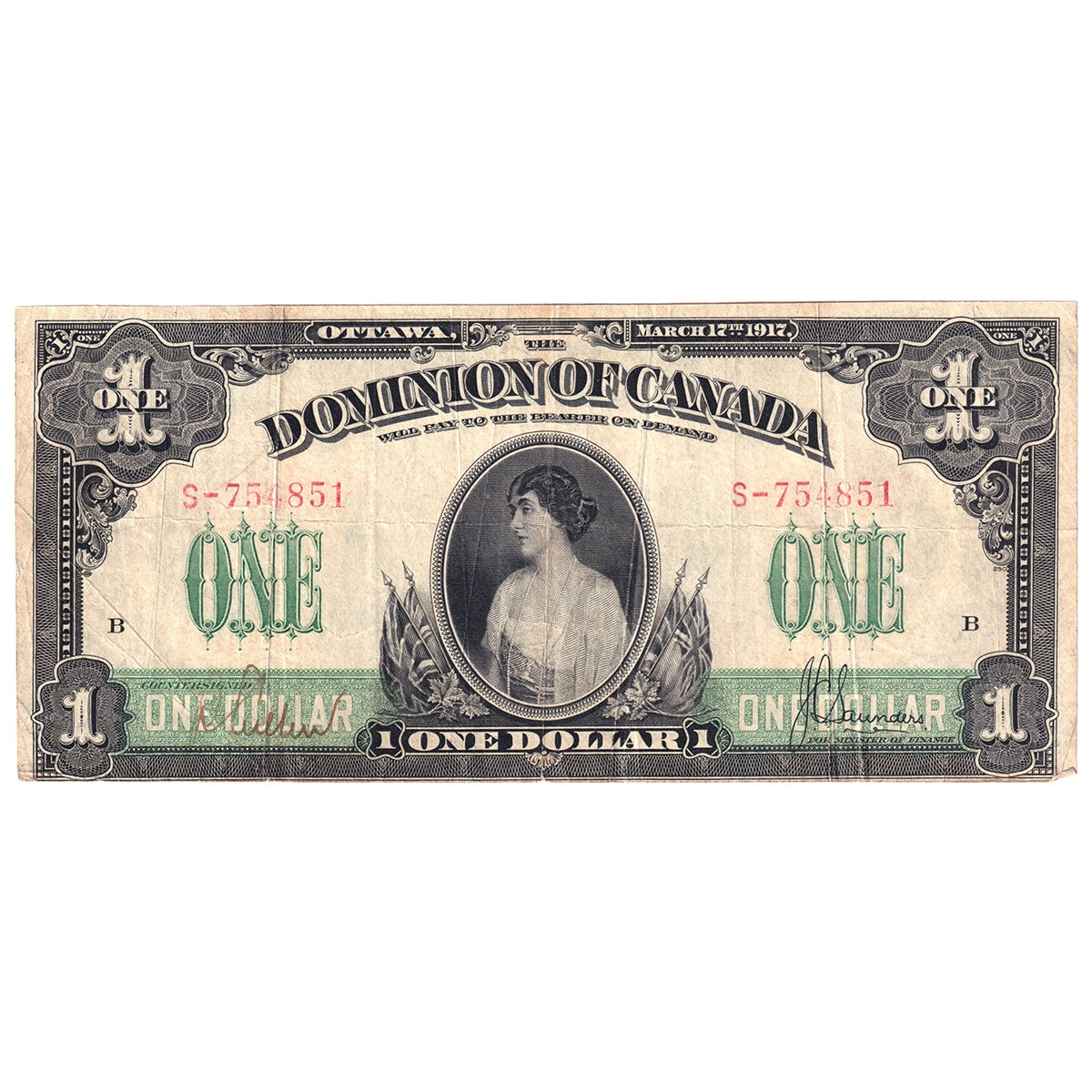 DC-23b 1917 Dominion $1 Various-Saunders, No Seal, Series S, Very Fine (VF20)