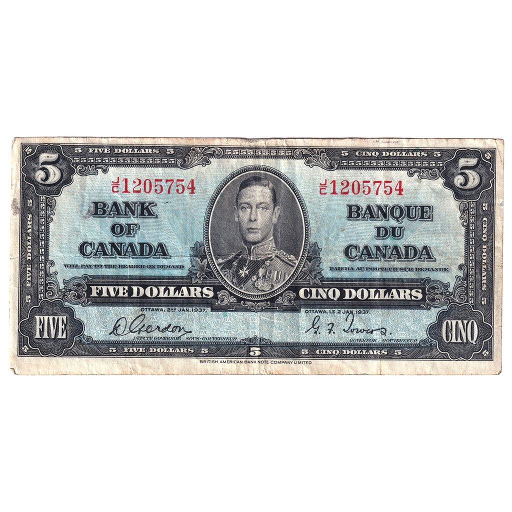 BC-23b 1937 Canada $5 Gordon-Towers, J/C, F-VF (F15)