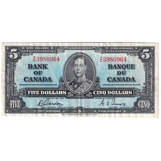BC-23b 1937 Canada $5 Gordon-Towers, T/C, EF