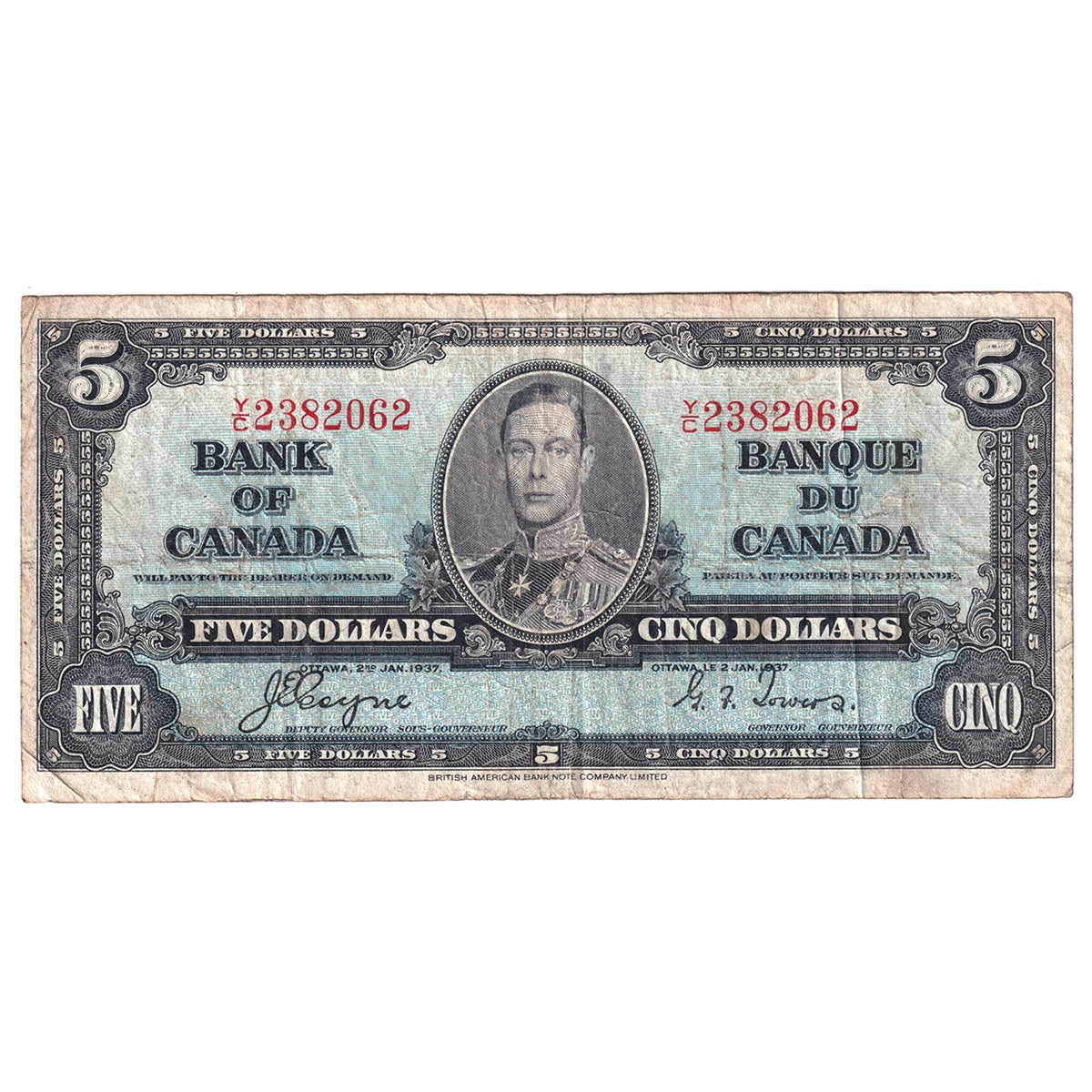 BC-23c 1937 Canada $5 Coyne-Towers, Y/C, Fine (F12)