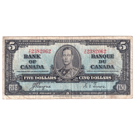 BC-23c 1937 Canada $5 Coyne-Towers, Y/C, Fine (F12)