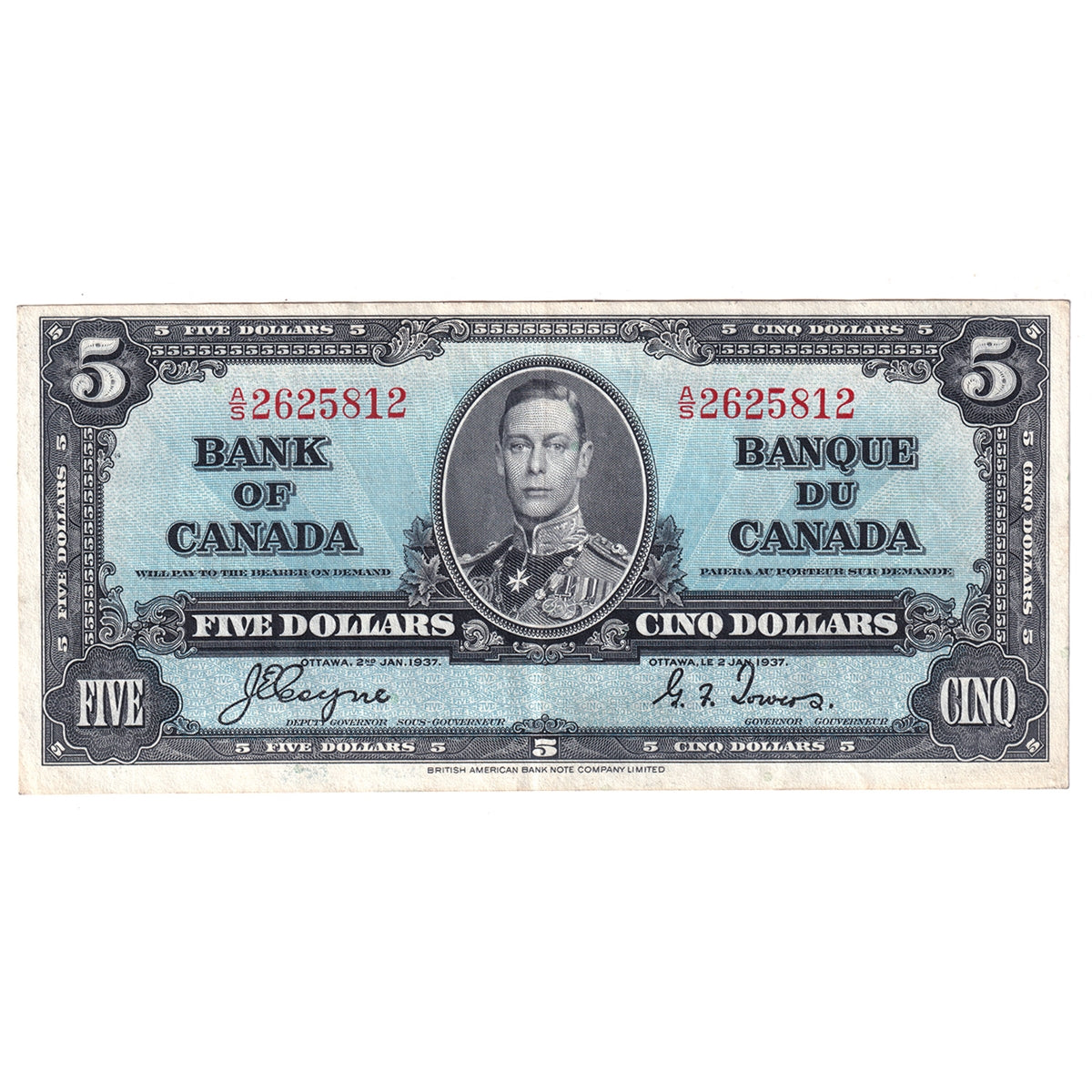 BC-23c 1937 Canada $5 Coyne-Towers, A/S, Extra Fine (EF40)