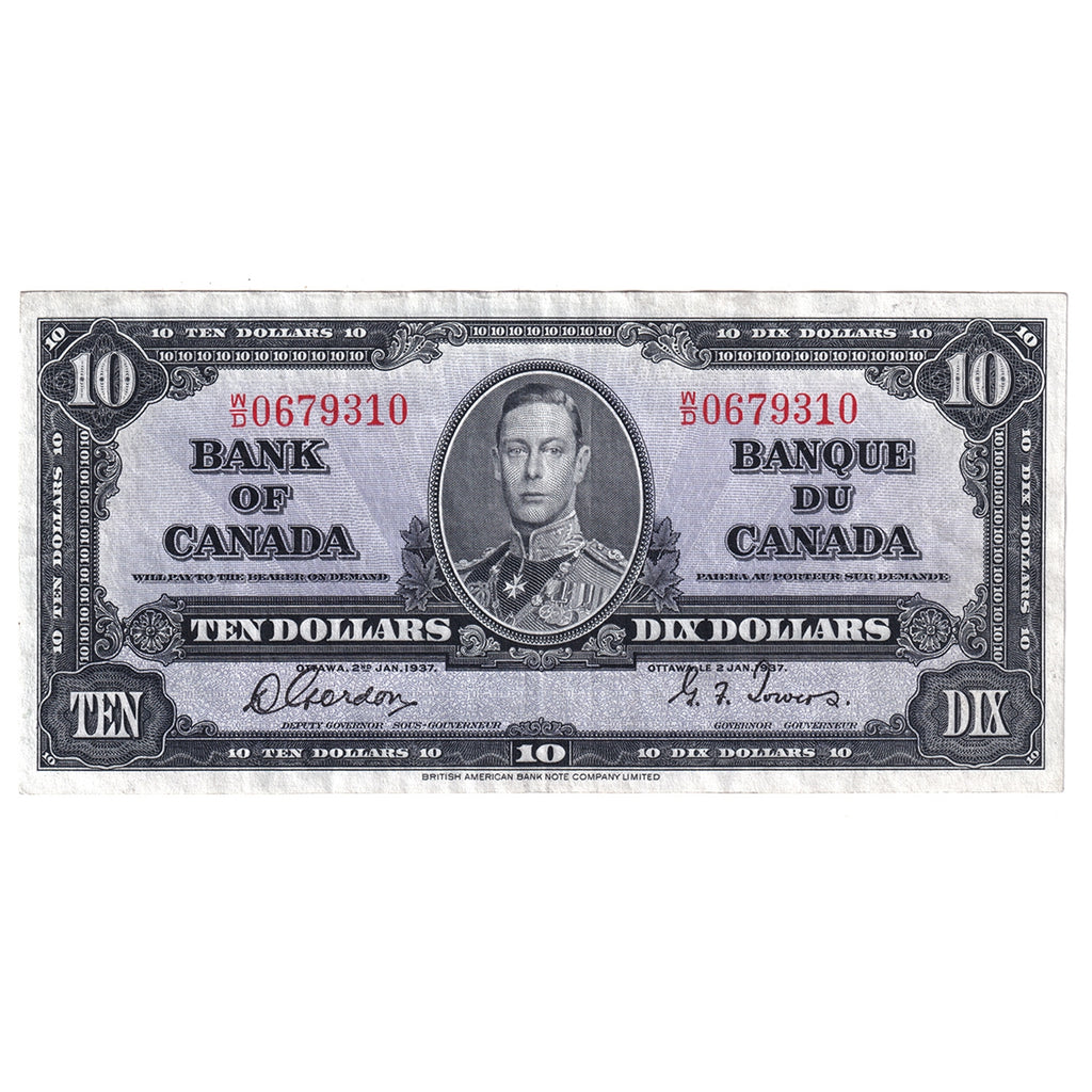 BC-24b 1937 Canada $10 Gordon-Towers, W/D, Extra Fine (EF40)