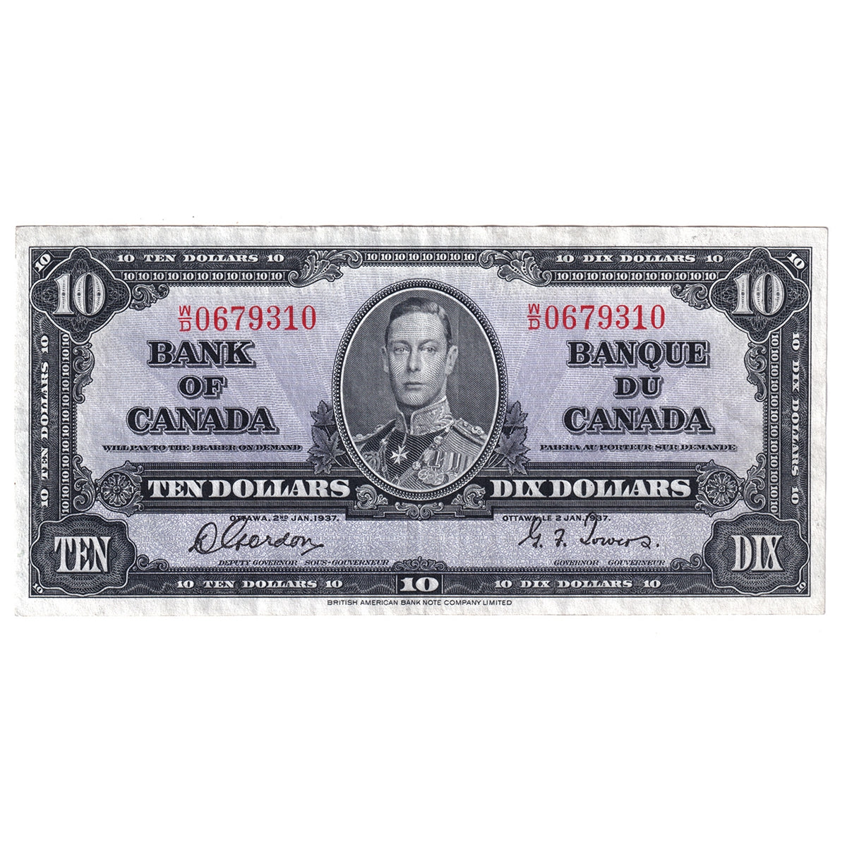 BC-24b 1937 Canada $10 Gordon-Towers, W/D, Extra Fine (EF40)