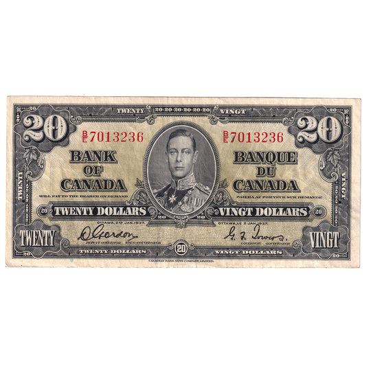 BC-25b 1937 Canada $20 Gordon-Towers, B/E, VF-EF