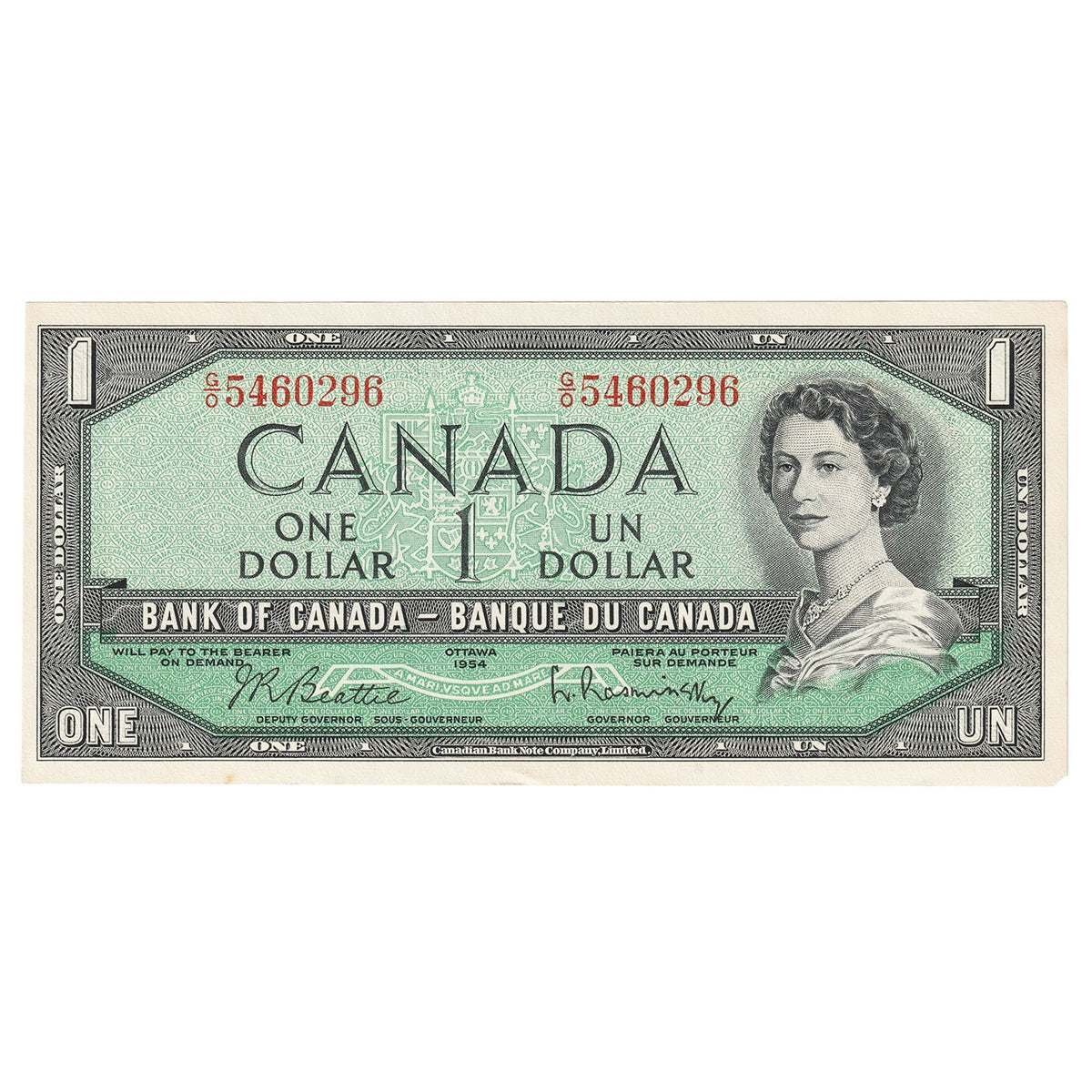 BC-37b 1954 Canada $1 Beattie-Rasminsky, G/O, AU-UNC (AU55)