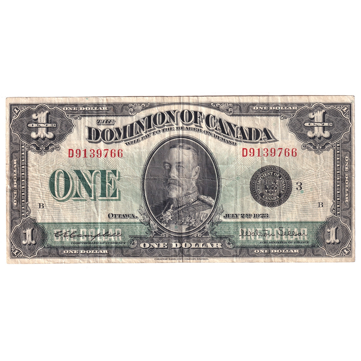 DC-25n 1923 Dominion $1 Campbell-Sellar, Black Seal, Group 3, VF