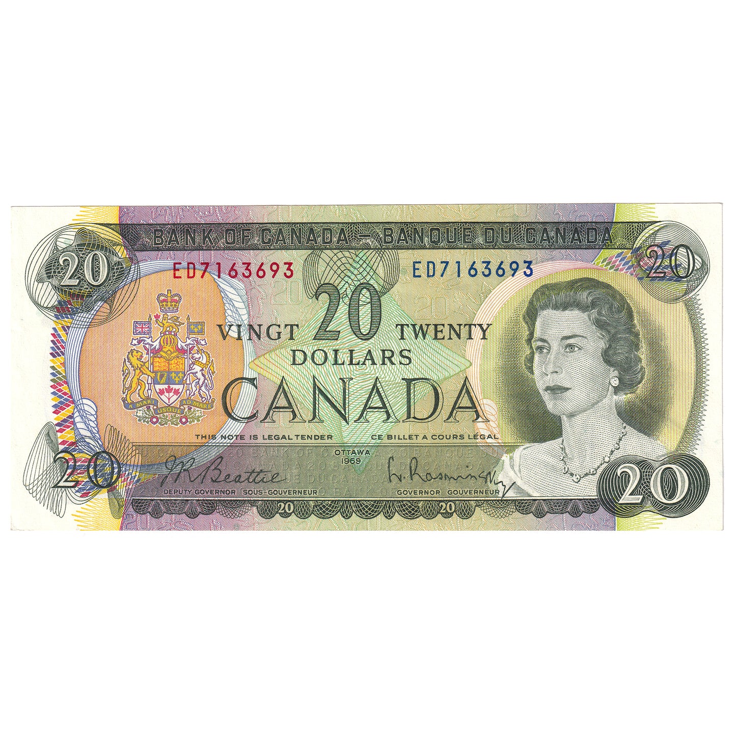 BC-50a 1969 Canada $20 Beattie-Rasminsky, ED, Almost Uncirculated (AU50)