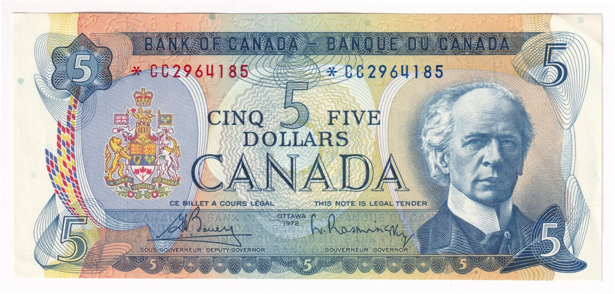 BC-48aA 1972 Canada $5 Bouey-Rasminsky, *CC, Almost Uncirculated (AU50)