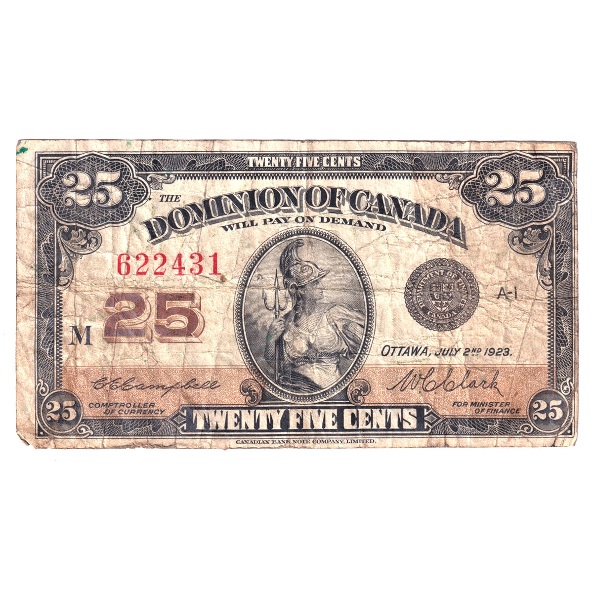 DC-24d 1923 Dominion 25 cent Shinplaster Campbell-Clark, Circ
