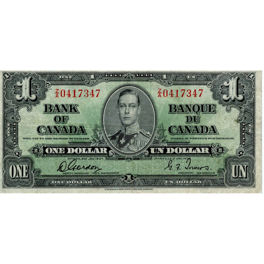 BC-21c 1937 Canada $1 Gordon-Towers, Z/A, VF