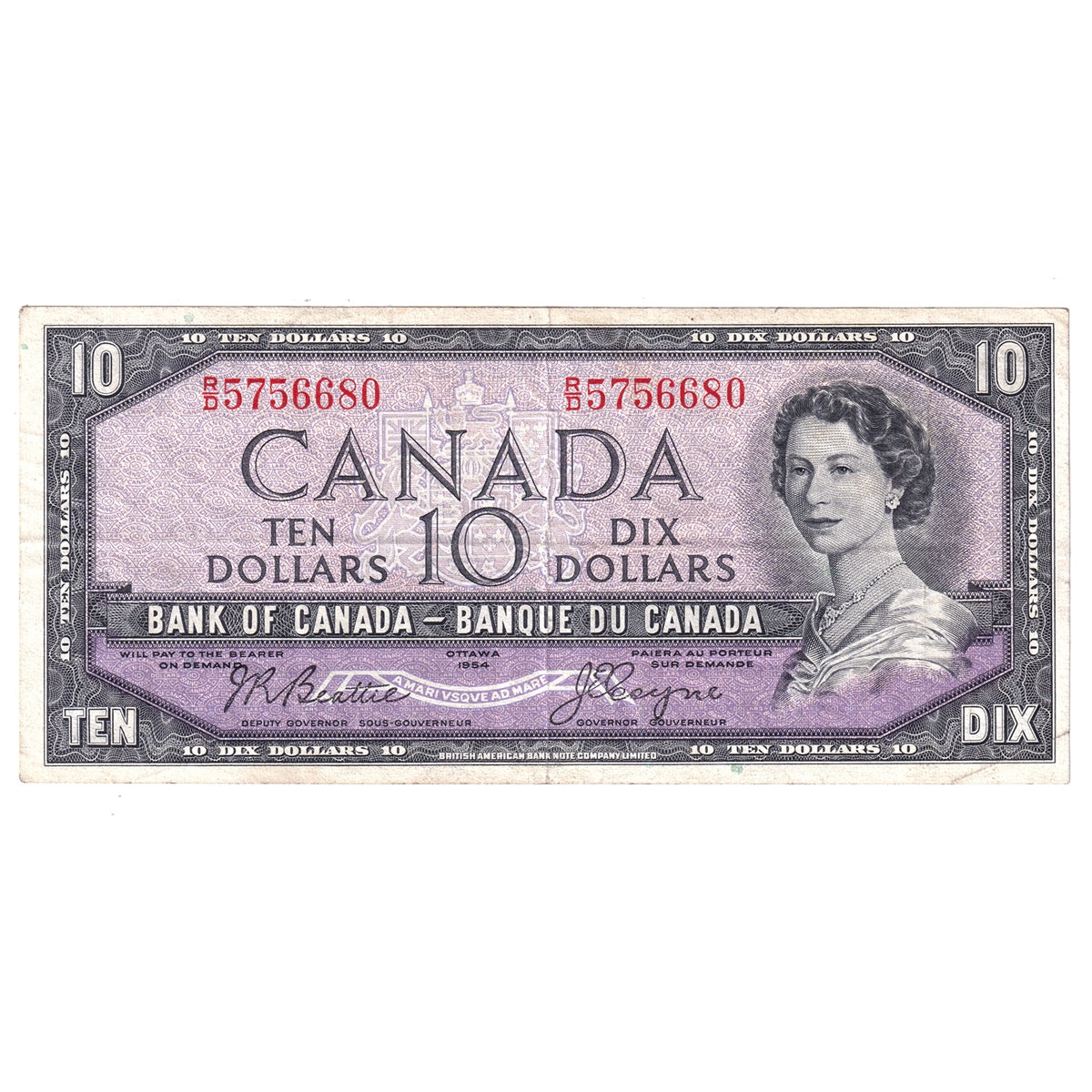 BC-40a 1954 Canada $10 Beattie-Coyne, R/D, Very Fine (VF20)