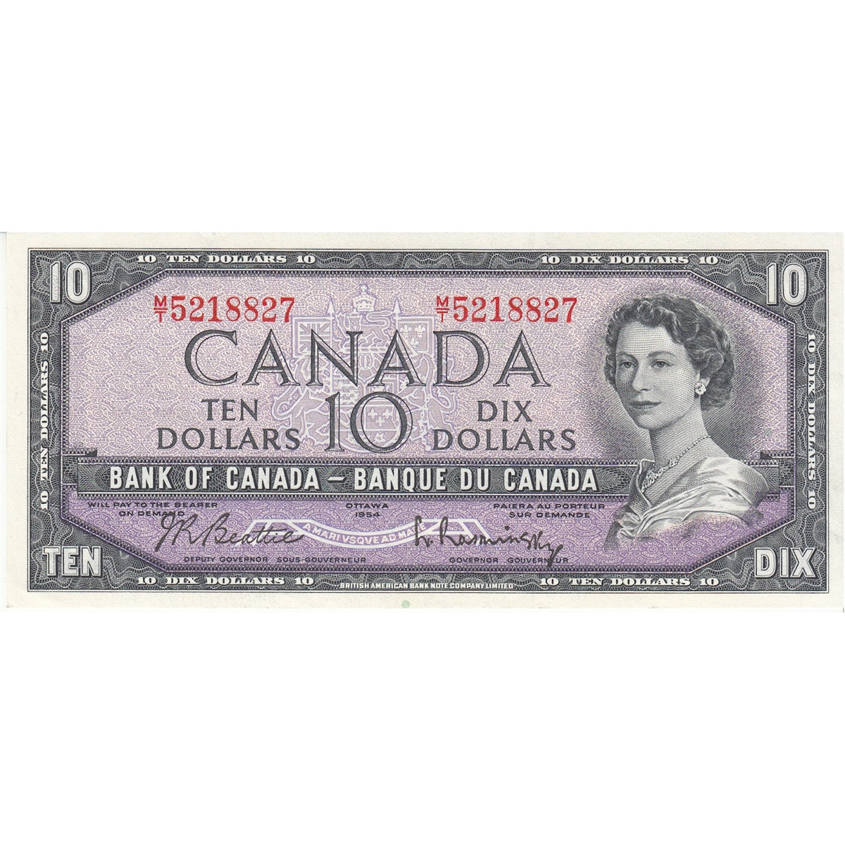 BC-40b 1954 Canada $10 Beattie-Rasminsky, M/T, Almost Uncirculated (AU50)