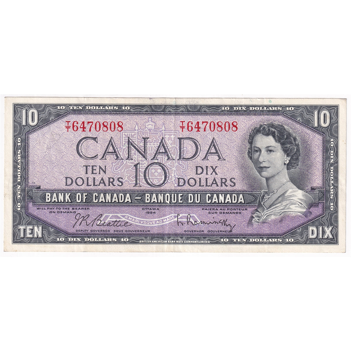 BC-40b 1954 Canada $10 Beattie-Rasminsky, T/T, VF-EF (VF30)