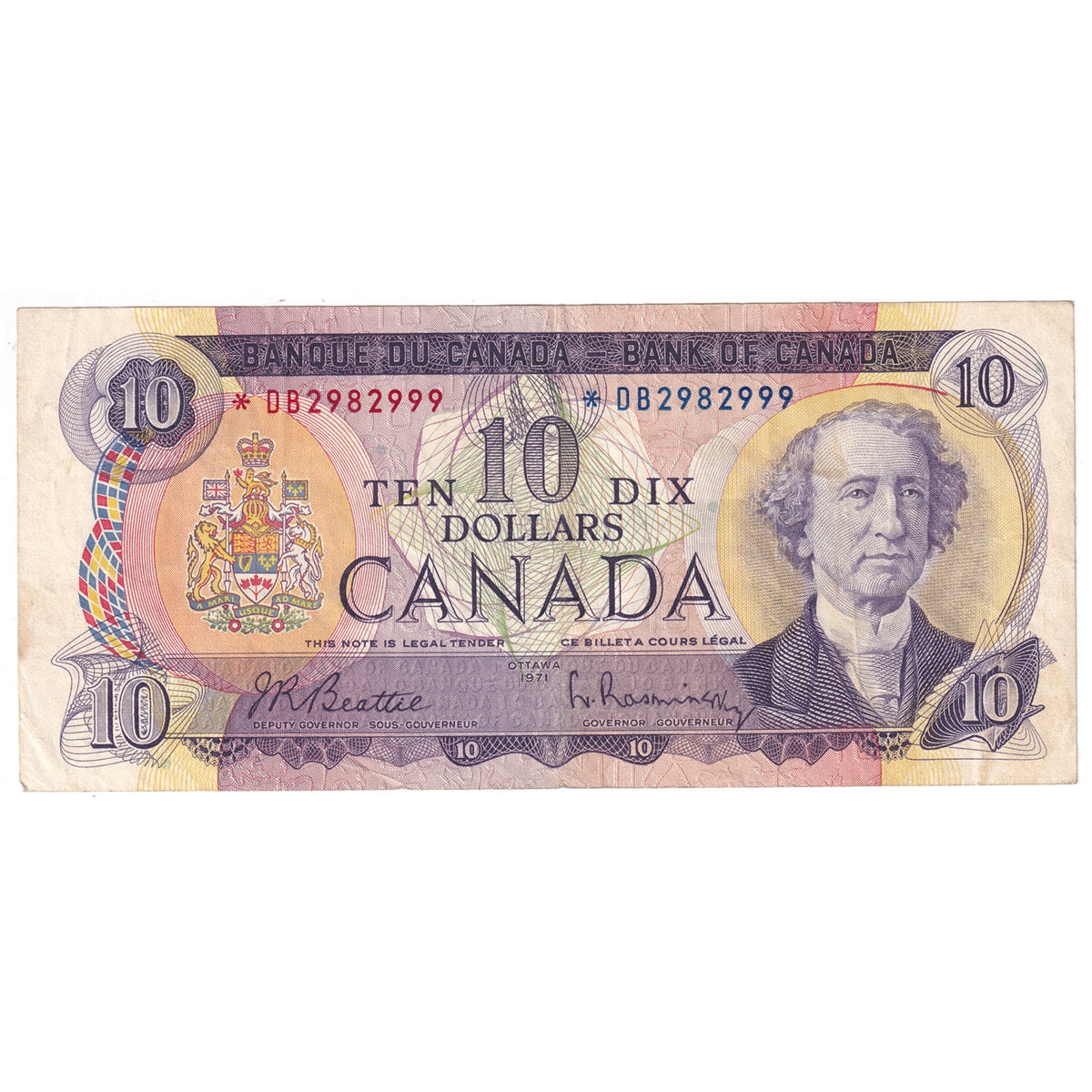 BC-49aA 1971 Canada $10 Beattie-Rasminsky, *DB, Very Fine (VF20)