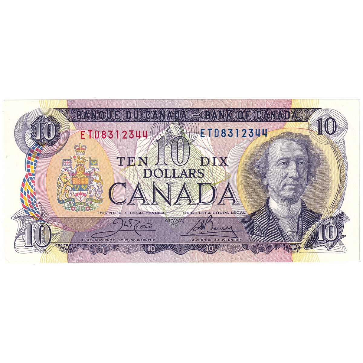 BC-49d 1971 Canada $10 Crow-Bouey, ETD, Almost Uncirculated (AU50)