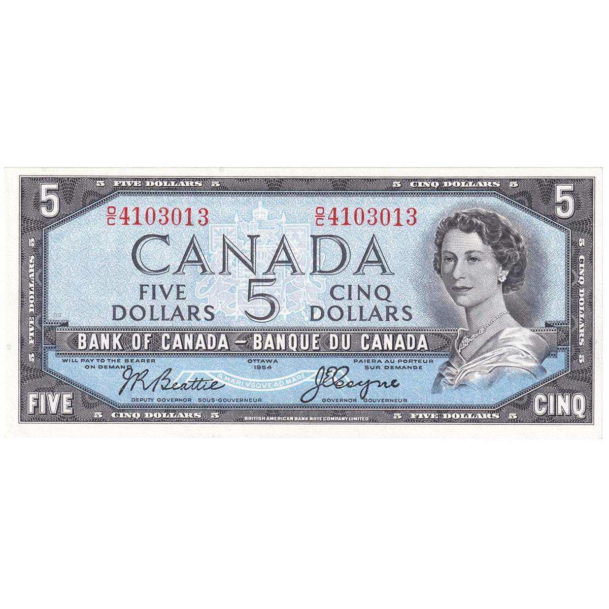BC-39a 1954 Canada $5 Beattie-Coyne, O/C, AU-UNC (AU55)
