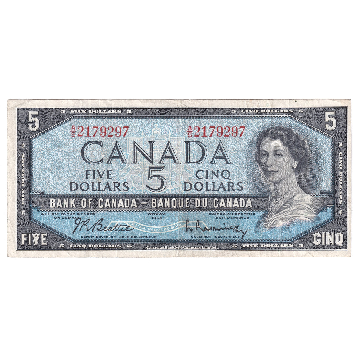 BC-39b 1954 Canada $5 Beattie-Rasminsky, A/S, F-VF (F15)