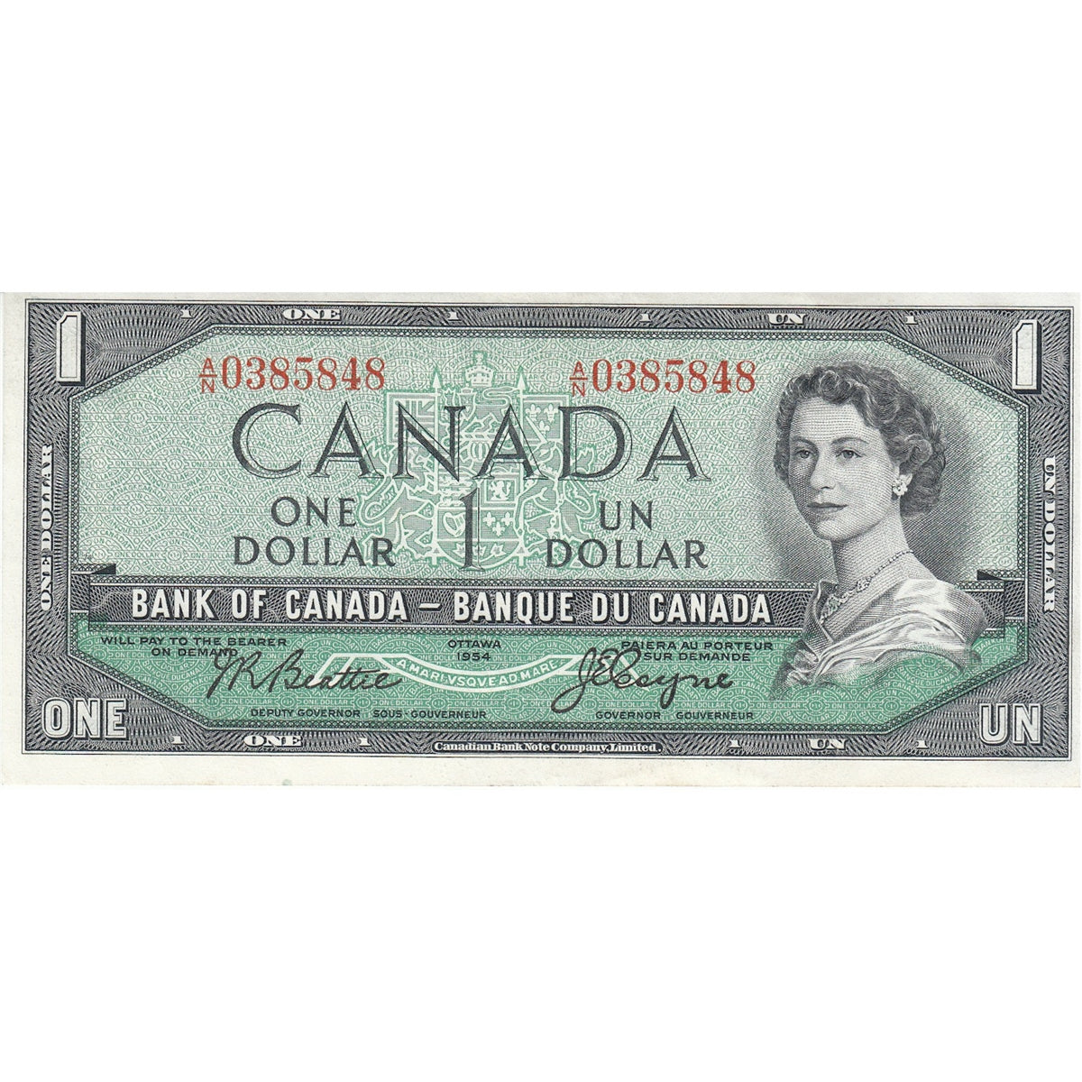 BC-37a 1954 Canada $1 Beattie-Coyne, A/N, Almost Uncirculated (AU50)
