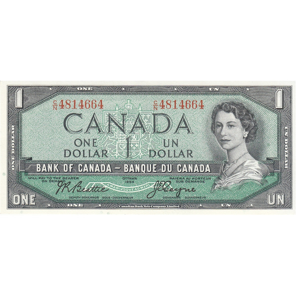 BC-37a 1954 Canada $1 Beattie-Coyne, C/N, Choice Uncirculated (CUNC63)