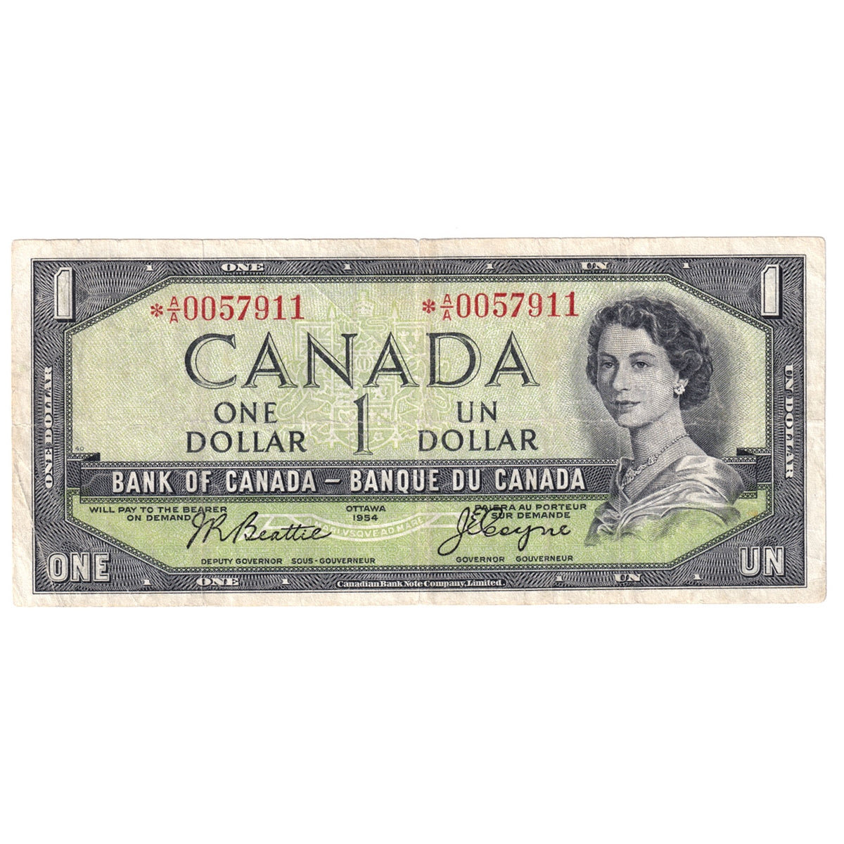 BC-37aA 1954 Canada $1 Beattie-Coyne, *A/A, Fine (F12)