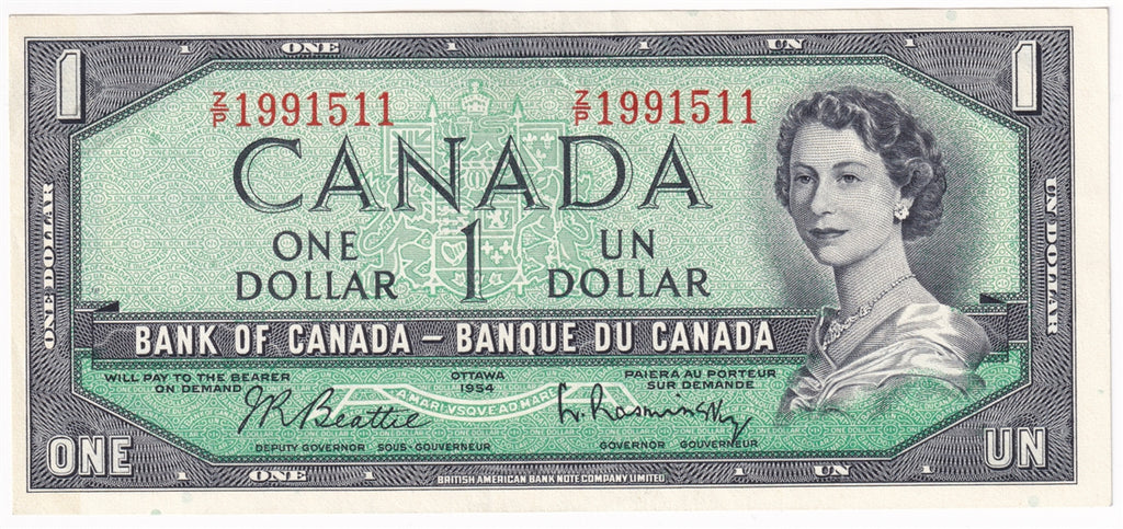 BC-37b-i 1954 Canada $1 Beattie-Rasminsky, Z/P, EF-AU (EF45)