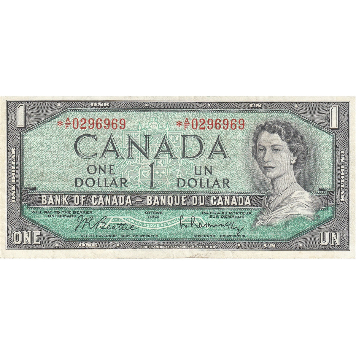 BC-37bA-i 1954 Canada $1 Beattie-Rasminsky, *A/F, VF