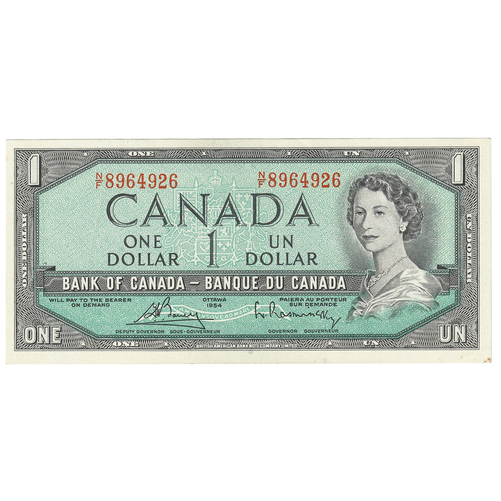 BC-37c 1954 Canada $1 Bouey-Rasminsky, N/F, AU-UNC (AU55)