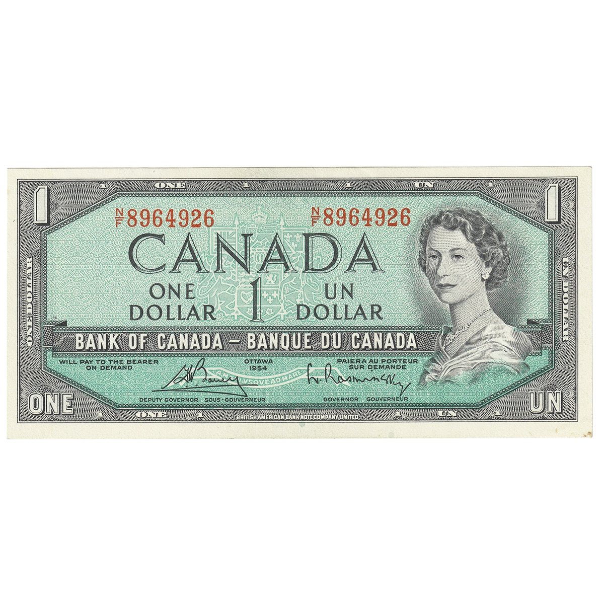 BC-37c 1954 Canada $1 Bouey-Rasminsky, N/F, AU-UNC (AU55)
