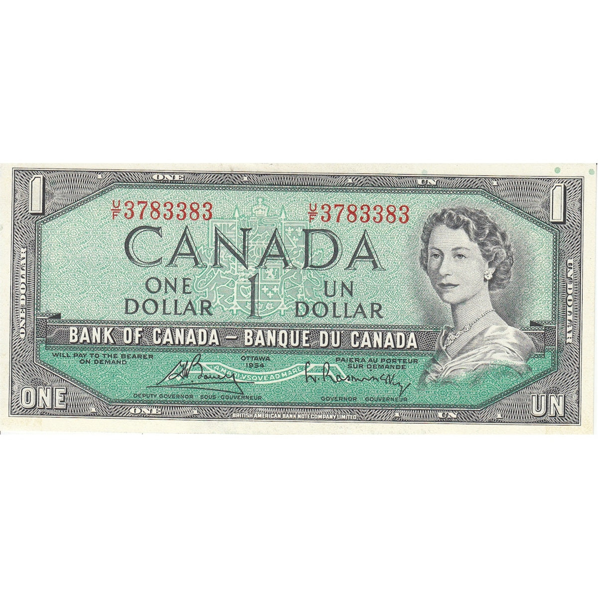 BC-37c 1954 Canada $1 Bouey-Rasminsky, U/F, Almost Uncirculated (AU50)