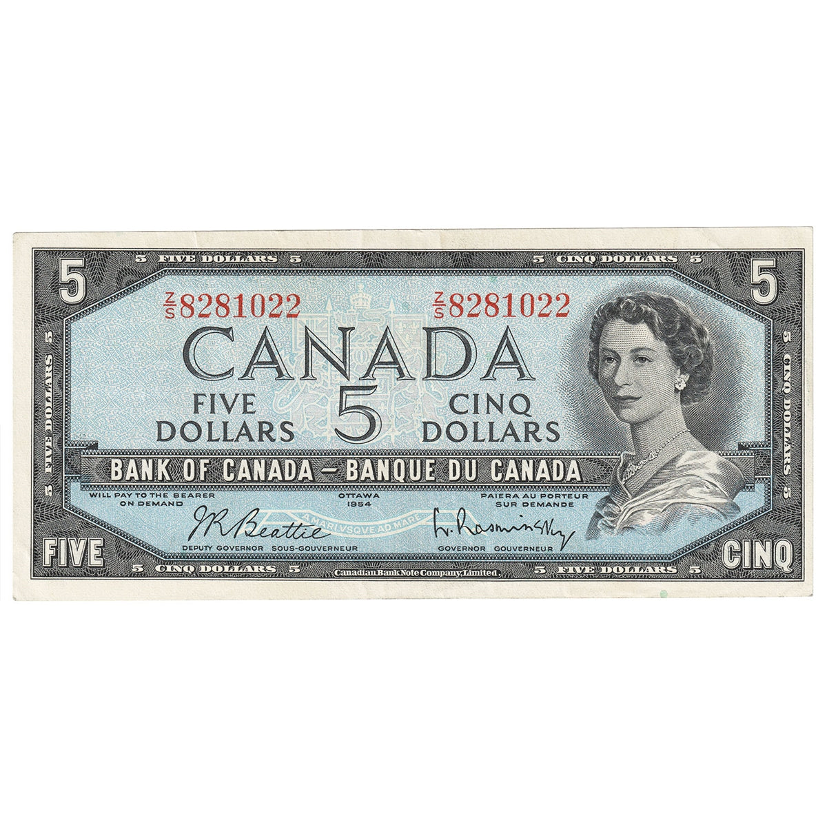 BC-39b 1954 Canada $5 Beattie-Rasminsky, Z/S, EF-AU (EF45)
