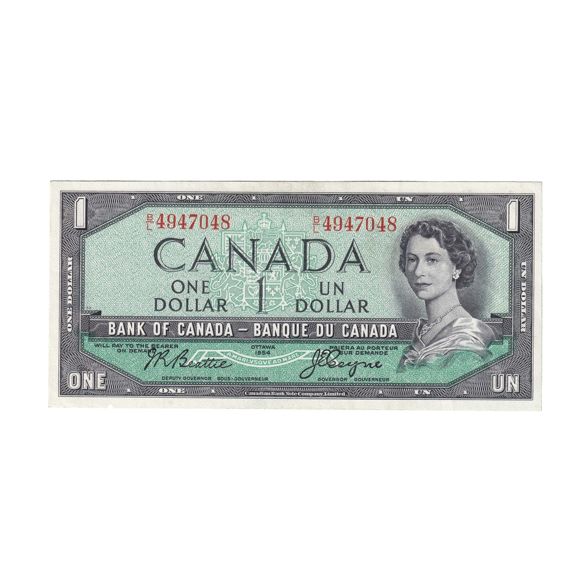 BC-37a 1954 Canada $1 Beattie-Coyne, B/L, Almost Uncirculated (AU50)