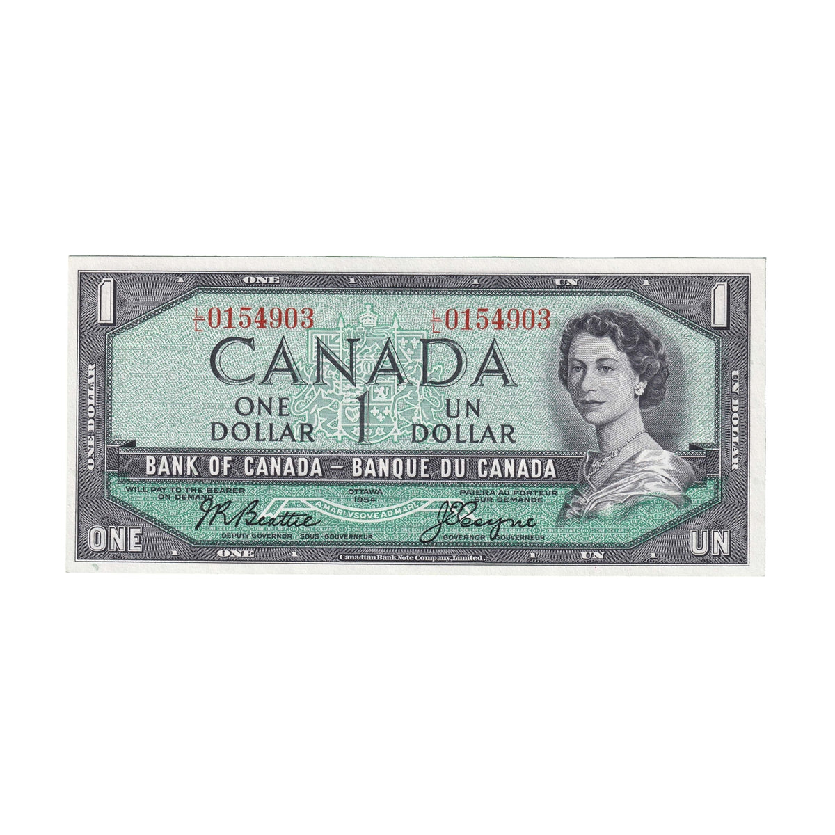 BC-37a 1954 Canada $1 Beattie-Coyne, L/L, Almost Uncirculated (AU50)