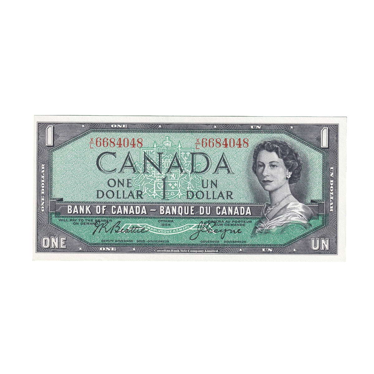 BC-37a 1954 Canada $1 Beattie-Coyne, X/L, Choice Uncirculated (CUNC63)