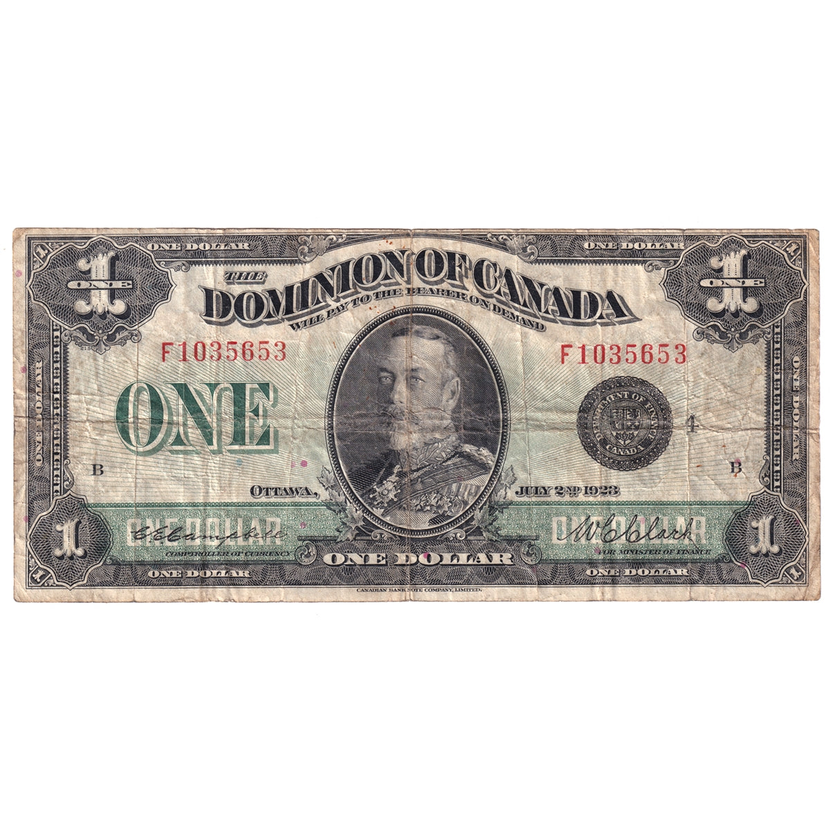 DC-25o 1923 Dominion $1 Campbell-Clark, Black Seal, Group 4, Series F, F