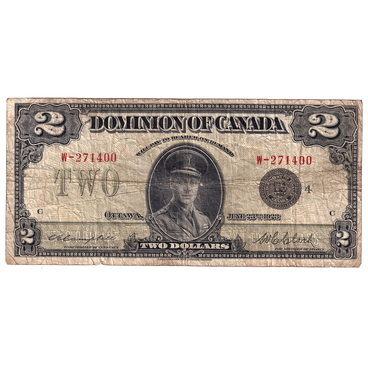 DC-26l 1923 Dominion $1 Campbell-Clark, Black Seal 4, Series W, Very Good (VG8)