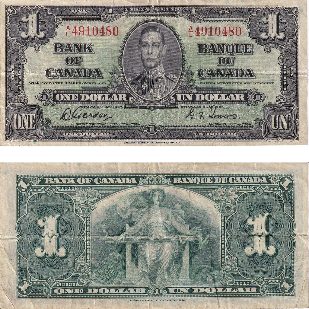 BC-21c 1937 Canada $1 Gordon-Towers, A/L, VF-EF (VF30)