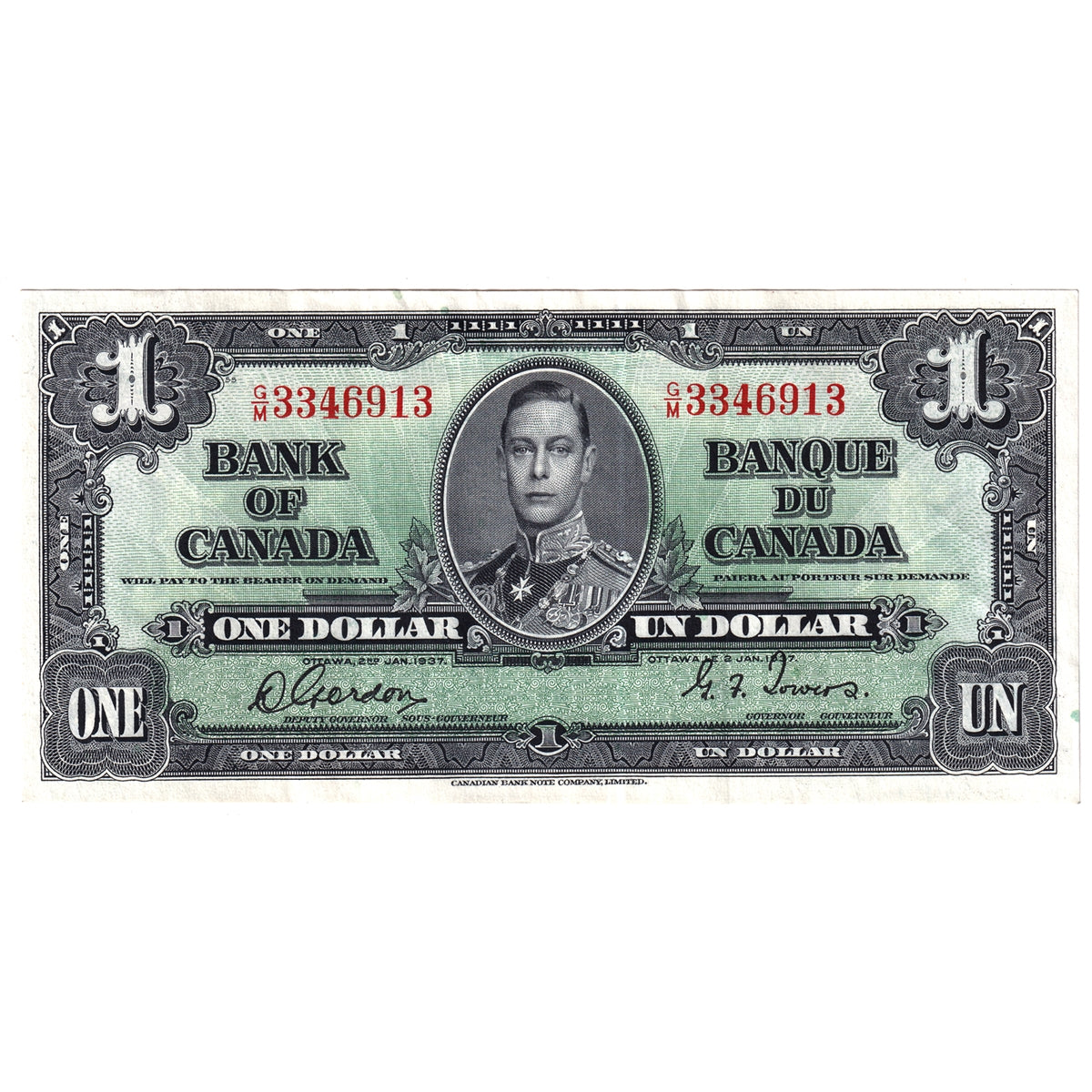 BC-21c 1937 Canada $1 Gordon-Towers, G/M, Extra Fine (EF40)