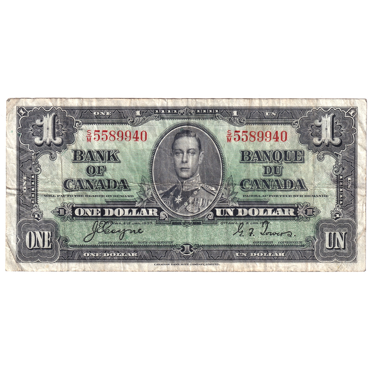 BC-21c 1937 Canada $1 Gordon-Towers, S/M, F-VF (F15)