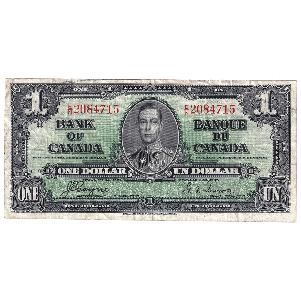 BC-21d 1937 Canada $1 Coyne-Towers, E/N, VF