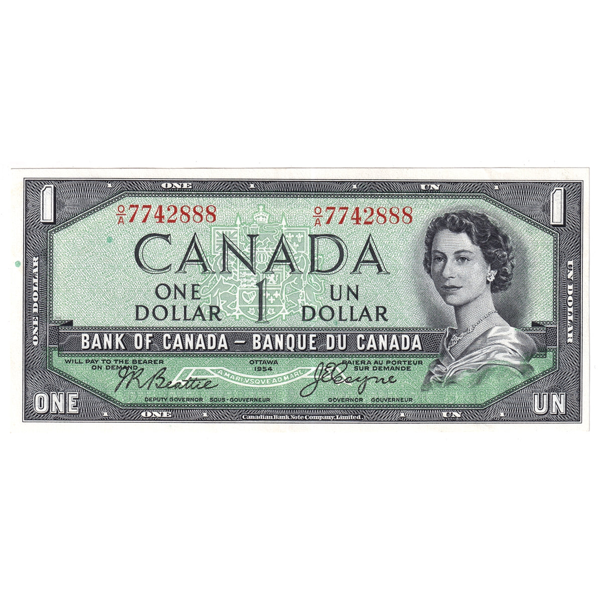 BC-29b 1954 Canada $1 Beattie-Coyne, Devil's Face, O/A, Almost Uncirculated (AU50)