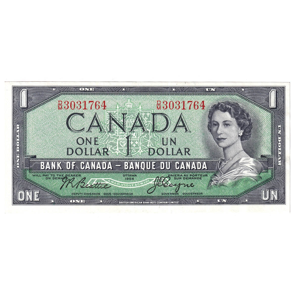 BC-37a-i 1954 Canada $1 Beattie-Coyne, D/M, Almost Uncirculated (AU50)