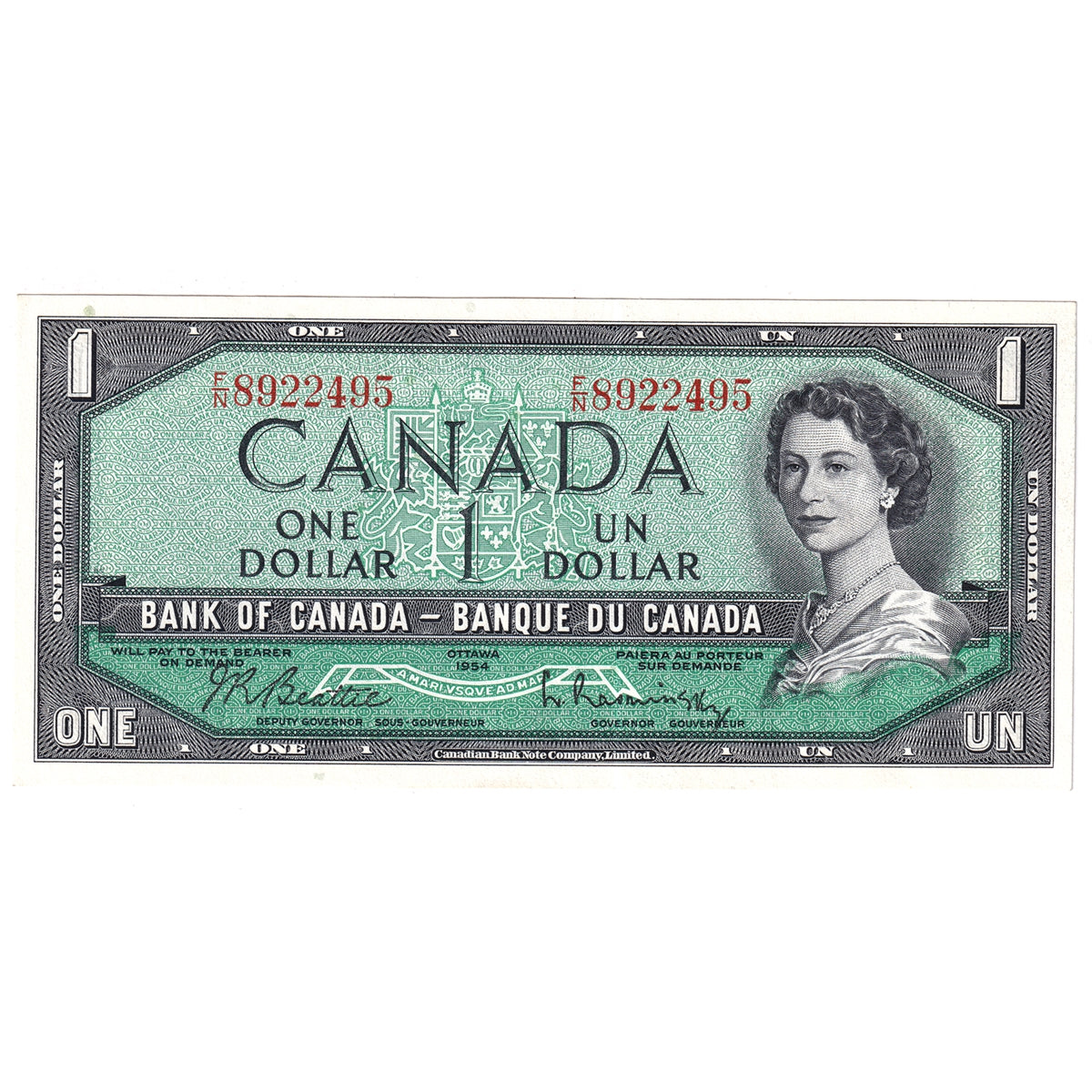 BC-37b 1954 Canada $1 Beattie-Rasminsky, F/N, AU-UNC (AU55)