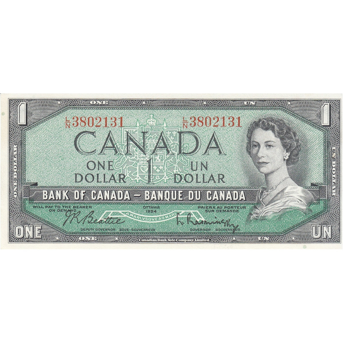 BC-37b 1954 Canada $1 Beattie-Rasminsky, F/O, Uncirculated (MS60)