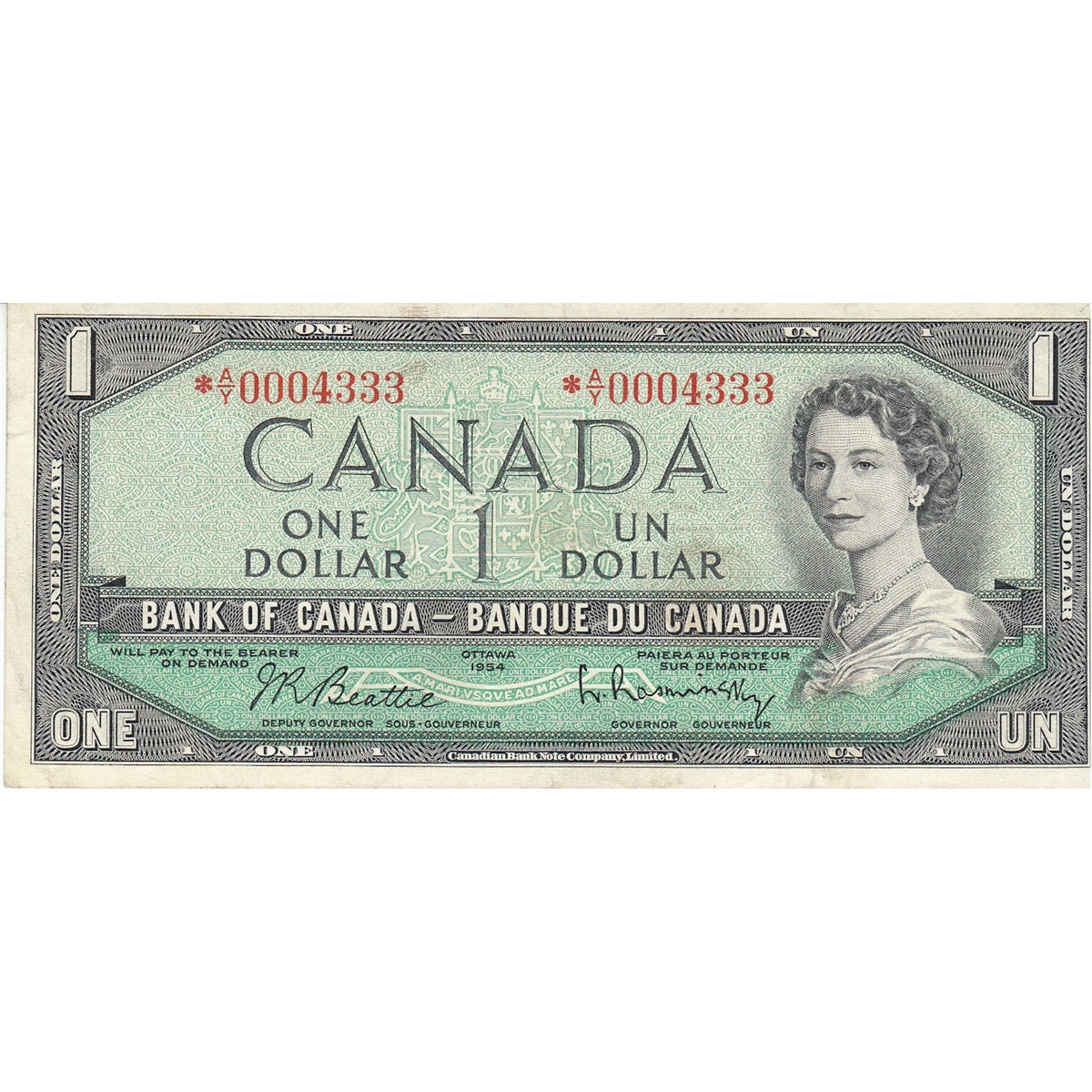 BC-37bA 1954 Canada $1 Beattie-Rasminsky, *A/Y, F-VF